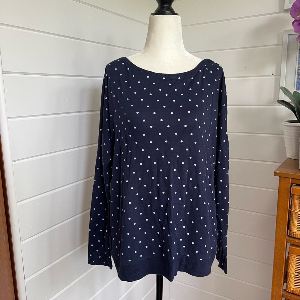 Addition Elle Navy/White Polka Dot Top with Grey patchs on elbows